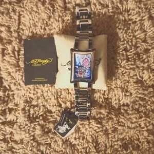 Ed Hardy womens watch w/ Swarovski crystals encrusted around face of watch. New